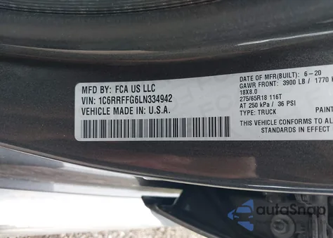 2020 Ram 1500 Big Horn 4X4 5'7 Box z USA, uszkodzony, nr VIN 1C6RRFFG6LN334942